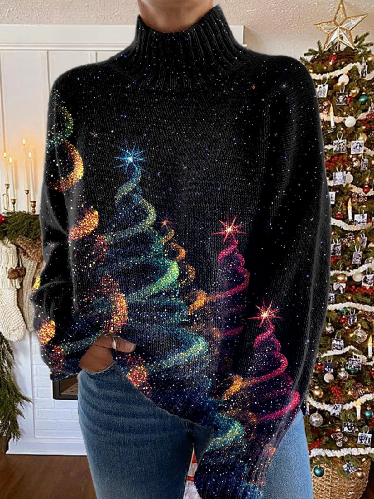 Glitter Christmas Tree Knitted Turtleneck