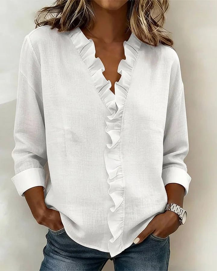 Mary | Blouse with Ruffles, V-Neck and Long Sleeves