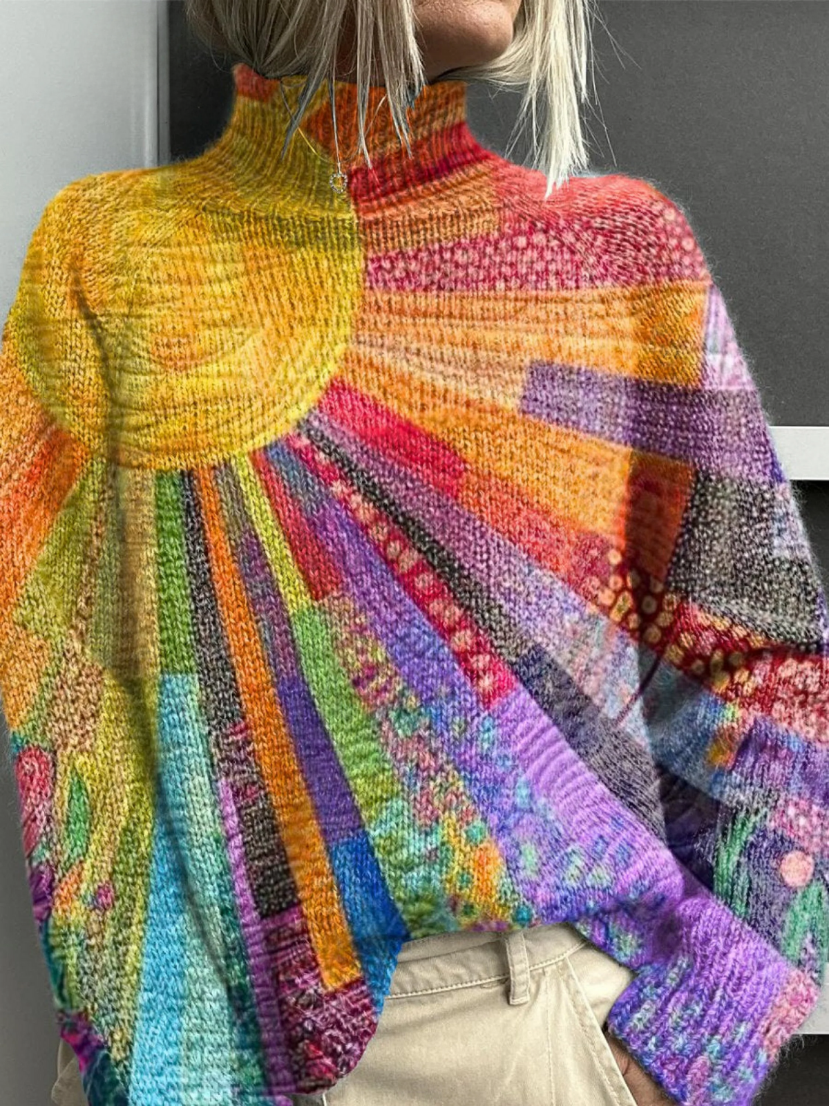 Hazel | Colorful Sun Collage Print Knitted Turtleneck Sweater