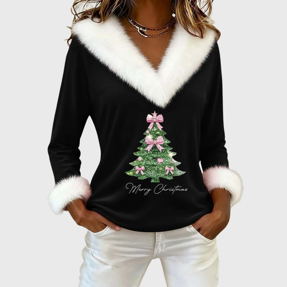Alice | Large Fur Collar Christmas Print Top