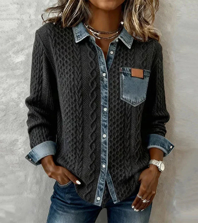 Ava | Patchwork Knit Top with Denim Details