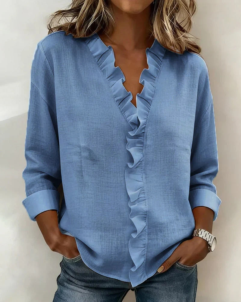 Mary | Blouse with Ruffles, V-Neck and Long Sleeves