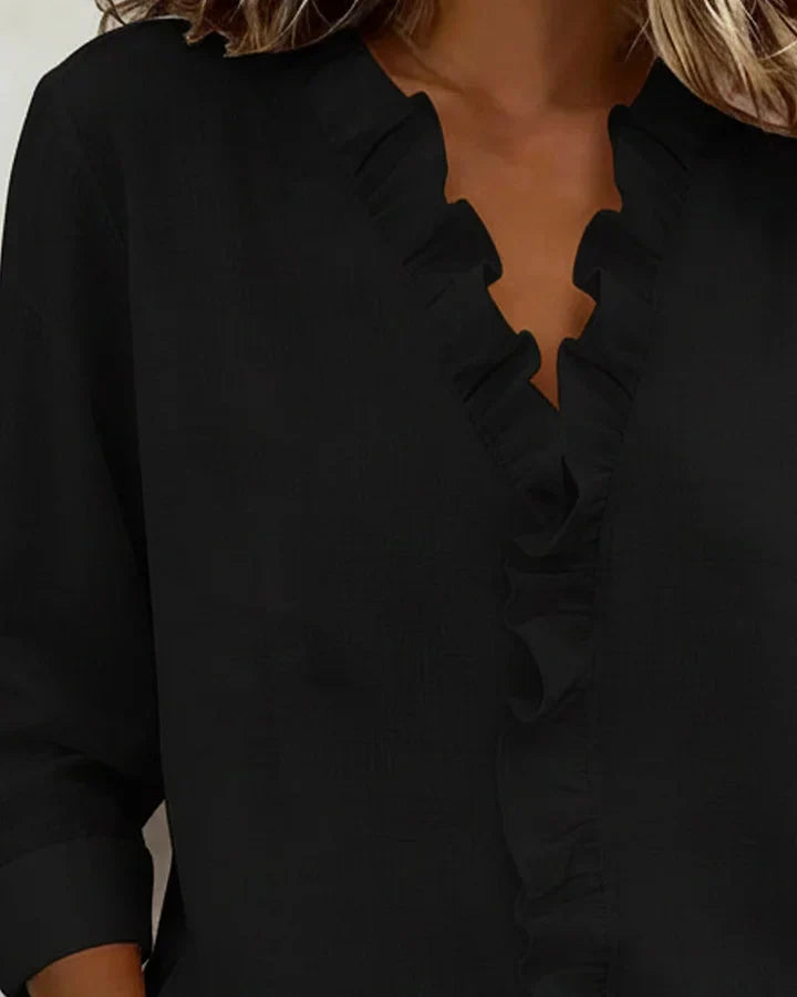 Amora | Blouse with Ruffles, V-Neck and Long Sleeves