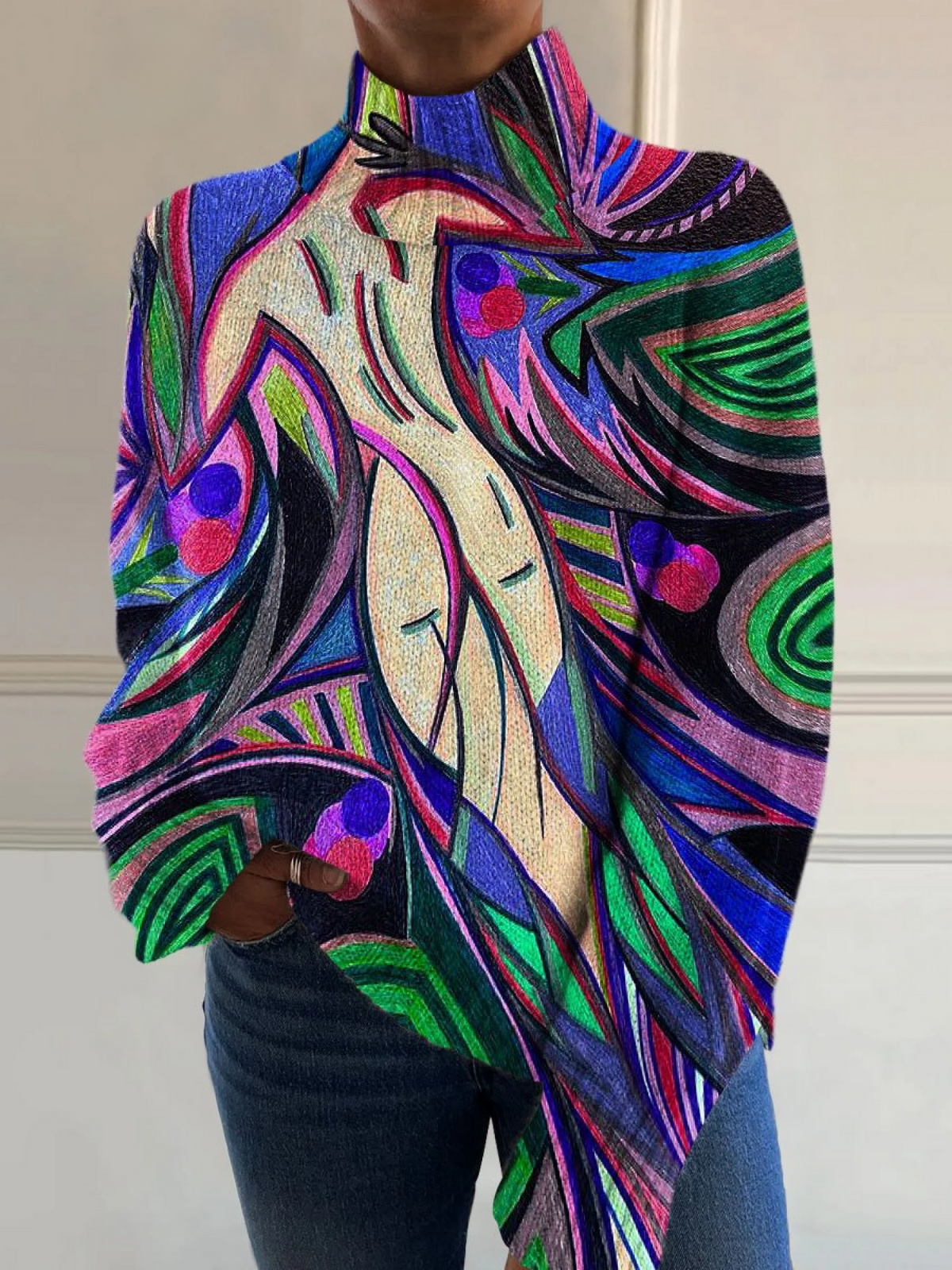 Sophia | White Naked Rug Art Print Knitted Turtleneck Sweater
