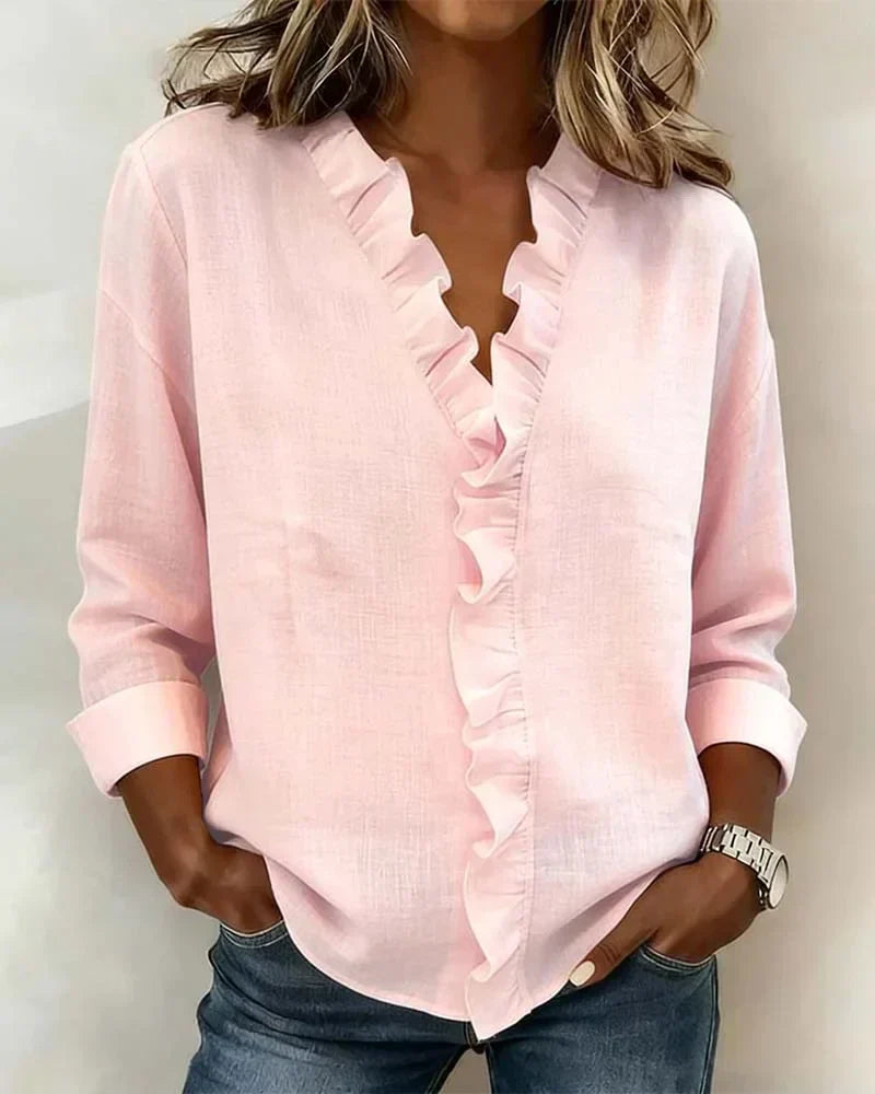 Mary | Blouse with Ruffles, V-Neck and Long Sleeves