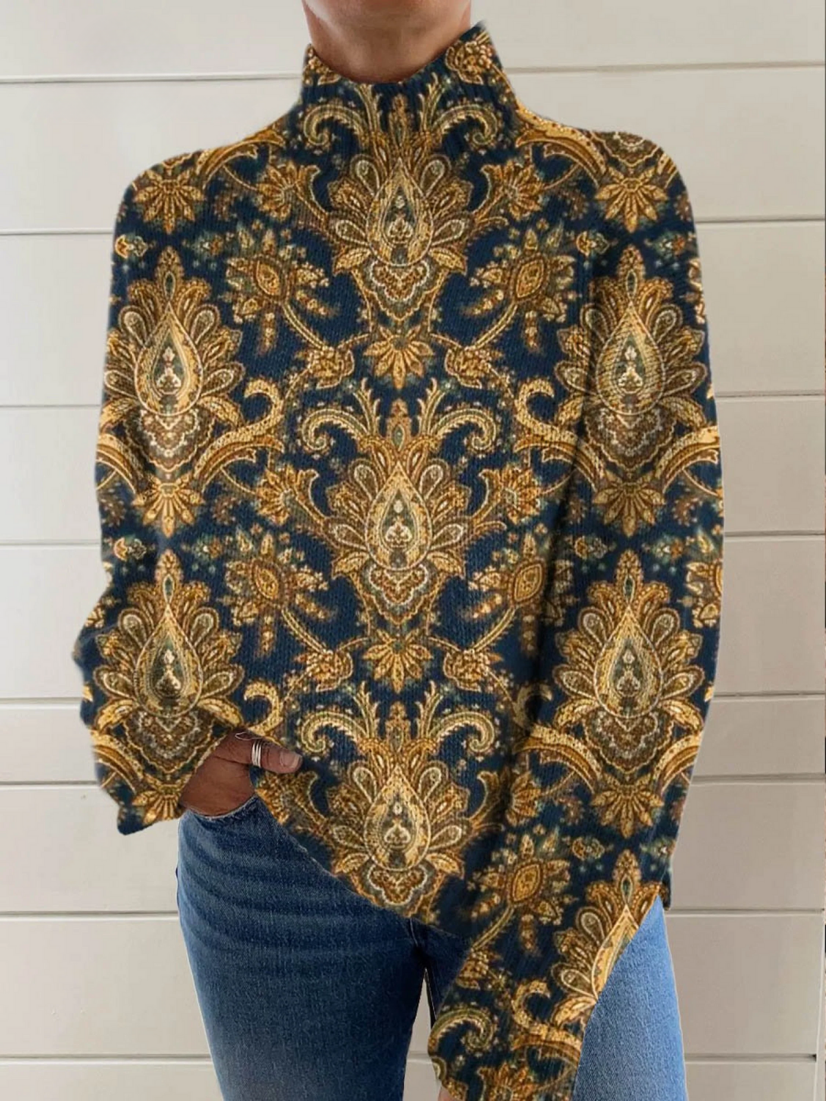 Mia | Ladies Vintage Beautiful Floral Art Print Knitted Turtleneck