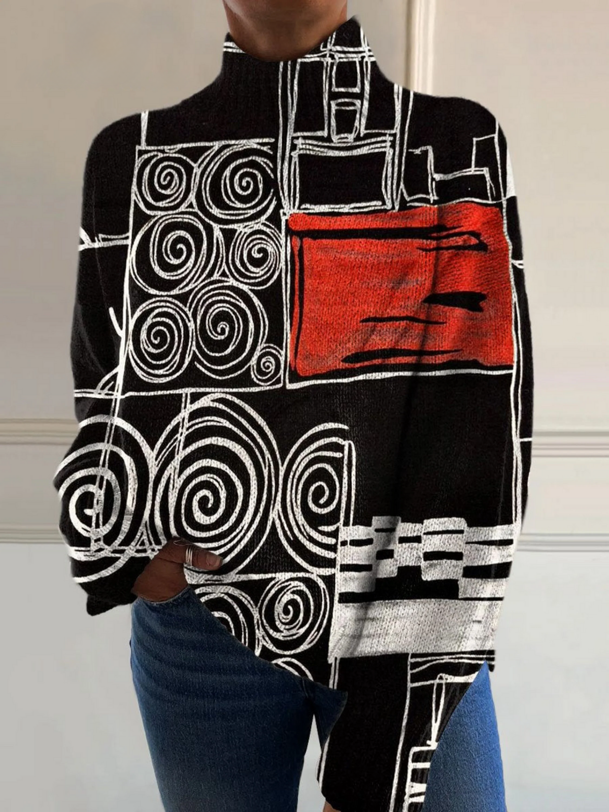 Luna | Circle Color Block Art Print Knitted Turtleneck Sweater Pullover