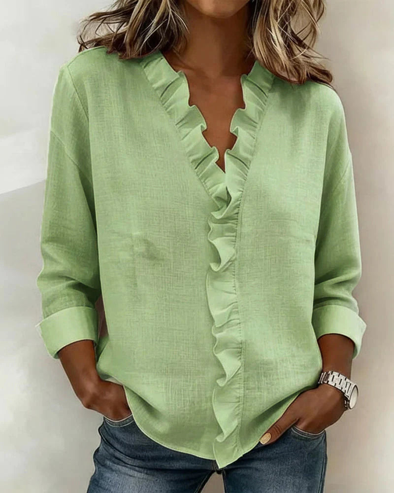 Mary | Blouse with Ruffles, V-Neck and Long Sleeves