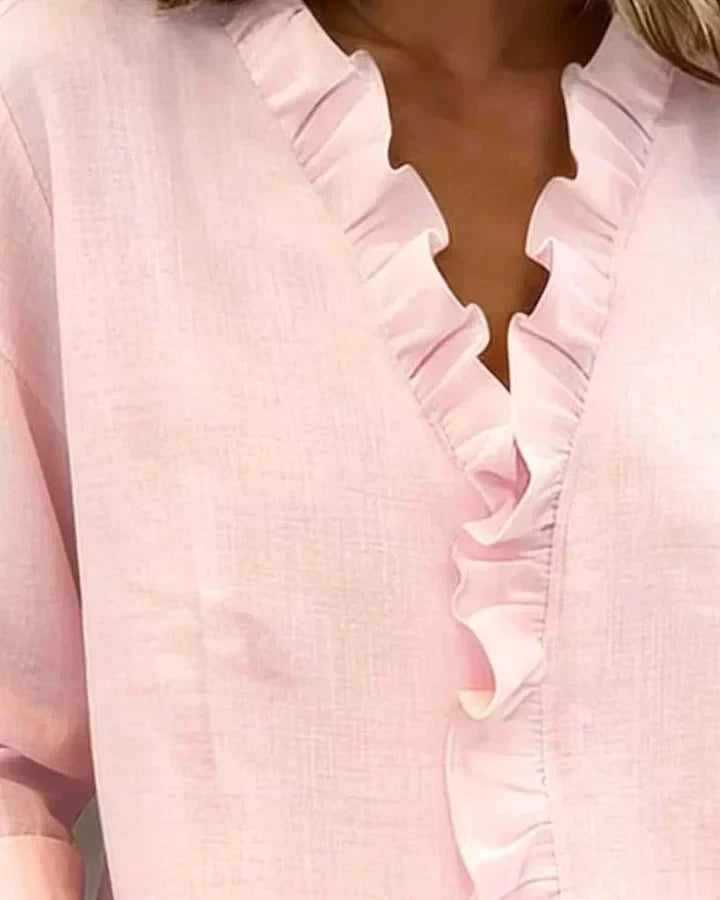 Mary | Blouse with Ruffles, V-Neck and Long Sleeves