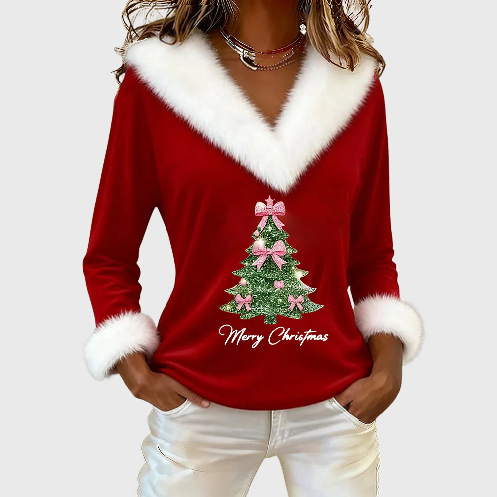 Alice | Large Fur Collar Christmas Print Top