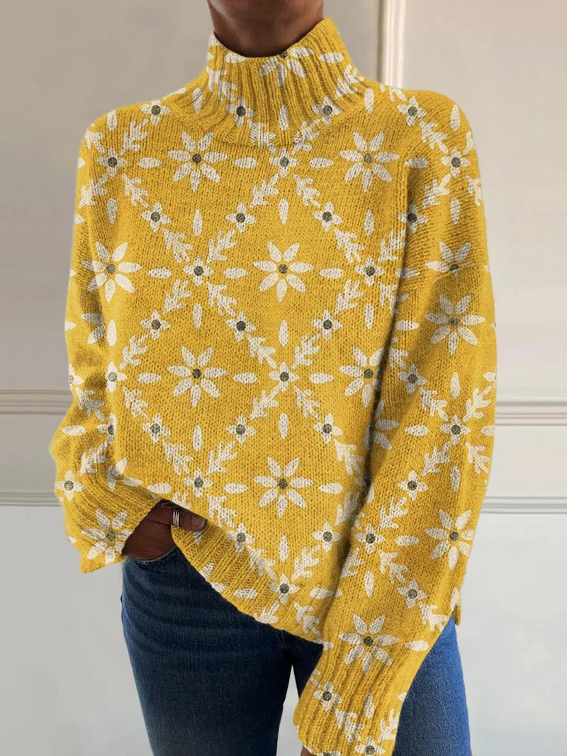 Harper | Vintage Color Block Floral Art Print Knitted Turtleneck